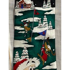 Hallmark Novelty Christmas / Santa Golfing Necktie Black with snow/Greens Flags.
